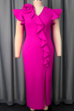 Elegant Solid Color Flounce V Neck Long Dresses