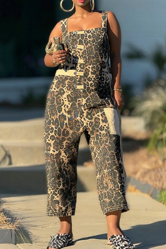 Casual Leopard Print Pocket Spaghetti Strap Sleeveless Loose Denim Jumpsuits