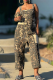 Casual Leopard Print Pocket Spaghetti Strap Sleeveless Loose Denim Jumpsuits