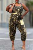 Casual Leopard Print Pocket Spaghetti Strap Sleeveless Loose Denim Jumpsuits