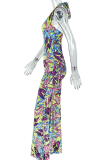 Casual Print Hollow Out Backless Halter Regular Jumpsuits