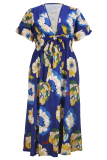 Elegant Print Strap Design Deep V Neck Long Plus Size Dresses