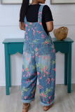 Casual Flowers Pocket Sleeveless Loose Denim Jumpsuits