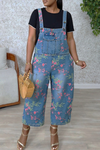 Casual Flowers Pocket Sleeveless Loose Denim Jumpsuits