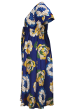 Elegant Print Strap Design Deep V Neck Long Plus Size Dresses