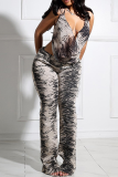 Sexy Zebra Print Backless Halter Sleeveless Two Pieces