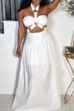 Sexy Solid Color Hollow Out Halter Sleeveless Two Pieces