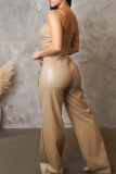 Sexy Solid Color Buckle Spaghetti Strap Loose Jumpsuits