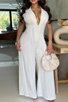 Casual Solid Color Buckle Turndown Collar Bodycon Jumpsuits