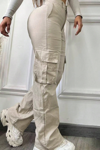 Casual Solid Color Pocket Straight Mid Waist Patchwork Bottoms