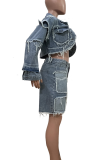 Casual Solid Color Pocket Turndown Collar Long Sleeve Two Pieces