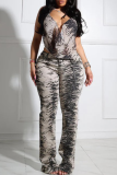 Sexy Zebra Print Backless Halter Sleeveless Two Pieces