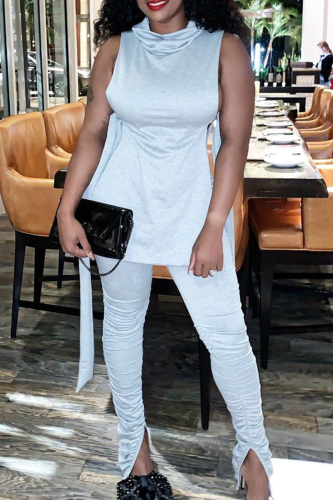 Casual Solid Color Slit Turtleneck Sleeveless Two Pieces
