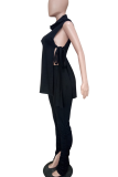 Casual Solid Color Slit Turtleneck Sleeveless Two Pieces