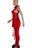 Casual Solid Color Slit Turtleneck Sleeveless Two Pieces