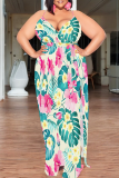 Casual Print High Slit Spaghetti Strap Long Plus Size Dresses