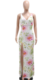 Elegant Floral Print Sequins High Slit V Neck Long Dresses