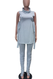 Casual Solid Color Slit Turtleneck Sleeveless Two Pieces