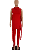 Casual Solid Color Slit Turtleneck Sleeveless Two Pieces
