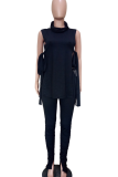 Casual Solid Color Slit Turtleneck Sleeveless Two Pieces