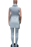 Casual Solid Color Slit Turtleneck Sleeveless Two Pieces