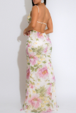 Elegant Floral Print Sequins High Slit V Neck Long Dresses