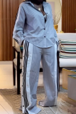 Casual Stripe Buckle Turndown Collar Long Sleeve Two Pieces