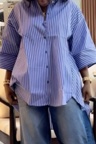 Casual Stripe Buckle Shirt Collar Tops