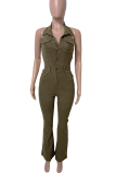 Casual Solid Color Buckle Turndown Collar Sleeveless Regular Denim Jumpsuits