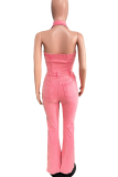 Casual Solid Color Buckle Turndown Collar Sleeveless Regular Denim Jumpsuits