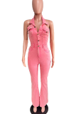 Casual Solid Color Buckle Turndown Collar Sleeveless Regular Denim Jumpsuits