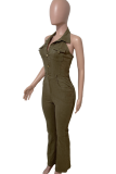 Casual Solid Color Buckle Turndown Collar Sleeveless Regular Denim Jumpsuits