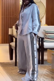 Casual Stripe Buckle Turndown Collar Long Sleeve Two Pieces
