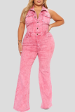 Casual Solid Color Buckle Turndown Collar Sleeveless Regular Denim Jumpsuits