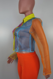 Sexy See-Through Contrast Turndown Collar Tops