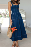 Sexy Solid Color Pocket Buckle Spaghetti Strap Sleeveless Loose Denim Dresses