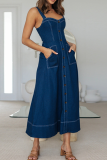 Sexy Solid Color Pocket Buckle Spaghetti Strap Sleeveless Loose Denim Dresses