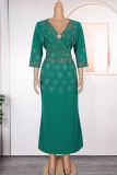 Elegant Solid Color Hot Drill Zipper V Neck Long Plus Size Dresses