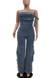 Sexy Solid Color Pocket Strapless Loose Jumpsuits