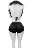 Sexy Solid Color Feathers Cardigan Collar Sleeveless Two Pieces
