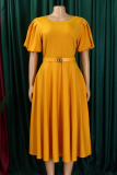 Elegant Solid Color Pocket With Belt O Neck Long Dresses