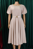 Elegant Solid Color Pocket With Belt O Neck Long Dresses