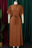 Casual Solid Color Buckle Strap Design O Neck Long Dresses