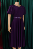 Elegant Solid Color Pocket With Belt O Neck Long Dresses