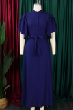 Casual Solid Color Buckle Strap Design O Neck Long Dresses