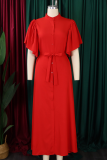 Casual Solid Color Buckle Strap Design O Neck Long Dresses