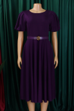 Elegant Solid Color Pocket With Belt O Neck Long Dresses