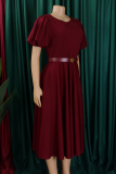Elegant Solid Color Pocket With Belt O Neck Long Dresses