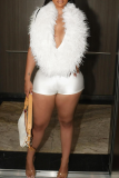Sexy Solid Color Feathers Deep V Neck Skinny Rompers