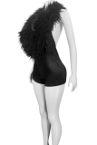 Sexy Solid Color Feathers Deep V Neck Skinny Rompers